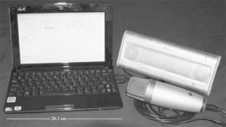 An example of some hardware and I/O devices (a netbook, microphone, and speakers) used by the application to execute the scheduled events.